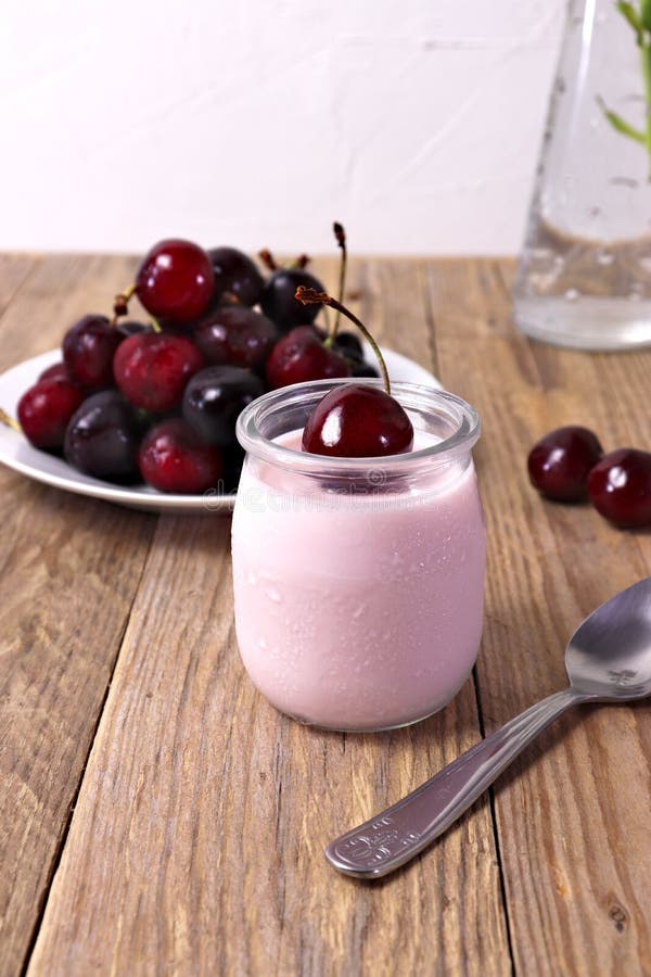 Cherry Yogurt in Glass, with Fresh Cherries Stock Image - Image of ...