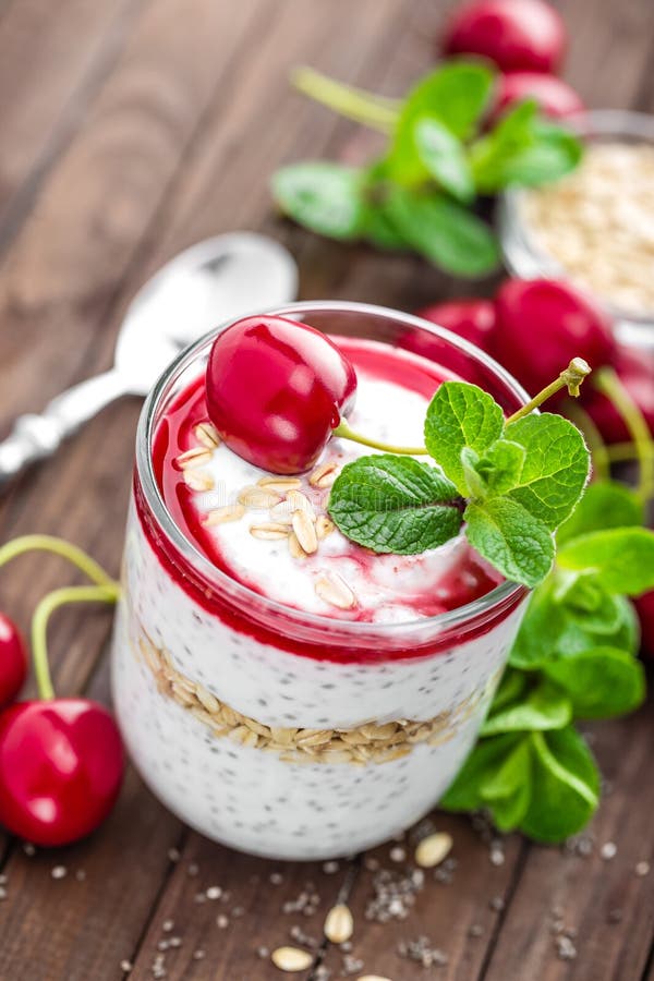 Fresh cherry yogurt with oats and chia seeds