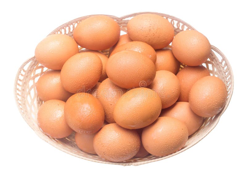 Fresh Chicken Eggs with Drop in Plastic Basket Isolated on White