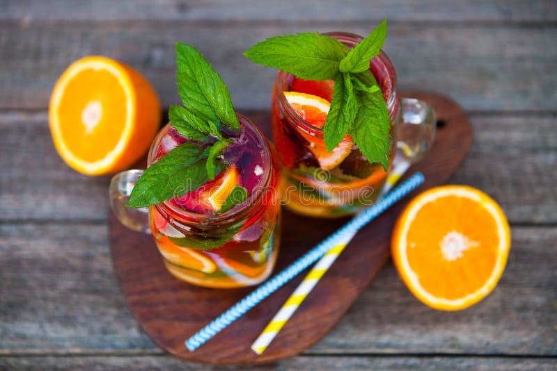 Fresh Cocktail With Orange, Mint And Ice, Selective Focus Stock Image