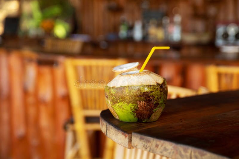 Coconut Drink on the Table in Authentic Beach Bar Stock Photo Image