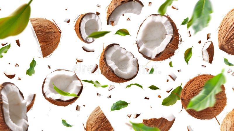 Nuci de cocos proaspete și frunze verzi plutind în aer luminos. această imagine vibrantă și dinamică capturează esența tropicală stock photo