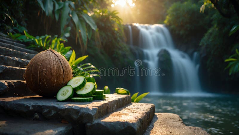Refreshing Coconut and Cucumber Spa Treatment near Waterfall royalty free illustration