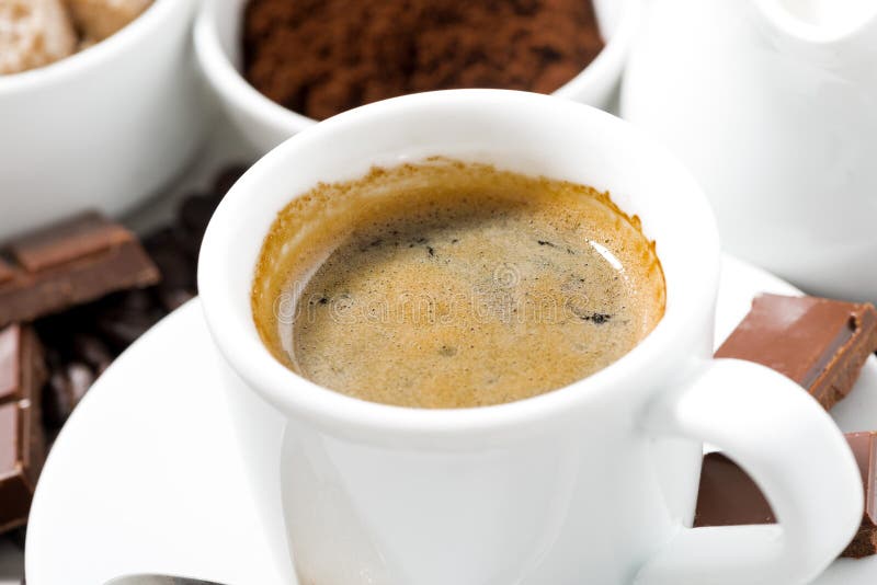 Fresh Coffee, Chocolates and Sweets, Closeup Stock Photo Image of