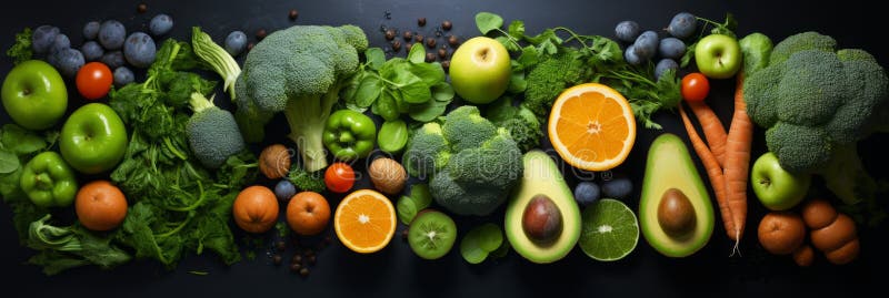 Fresh and colorful assortment of healthy vegetables and fruits on dark solid background royalty free illustration