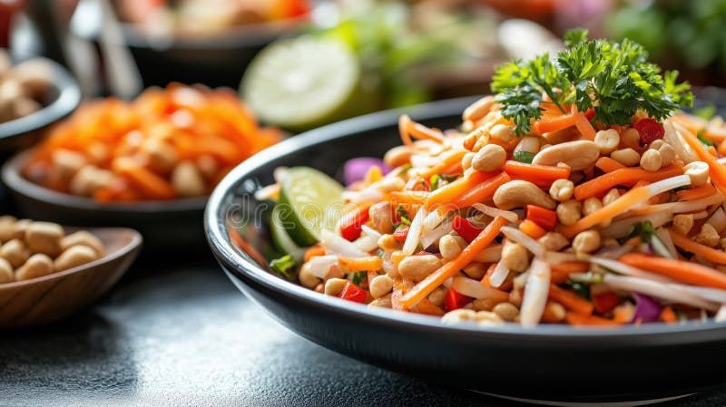 Fresh, colorful papaya salad topped with peanuts and herbs royalty free illustration