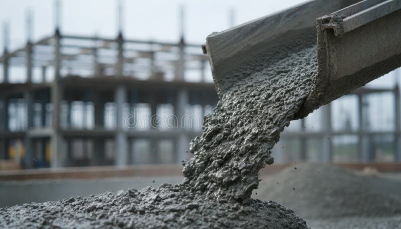 Fresh concrete flows from a chute at an active construction site showing industrial progress. This image represents stock images