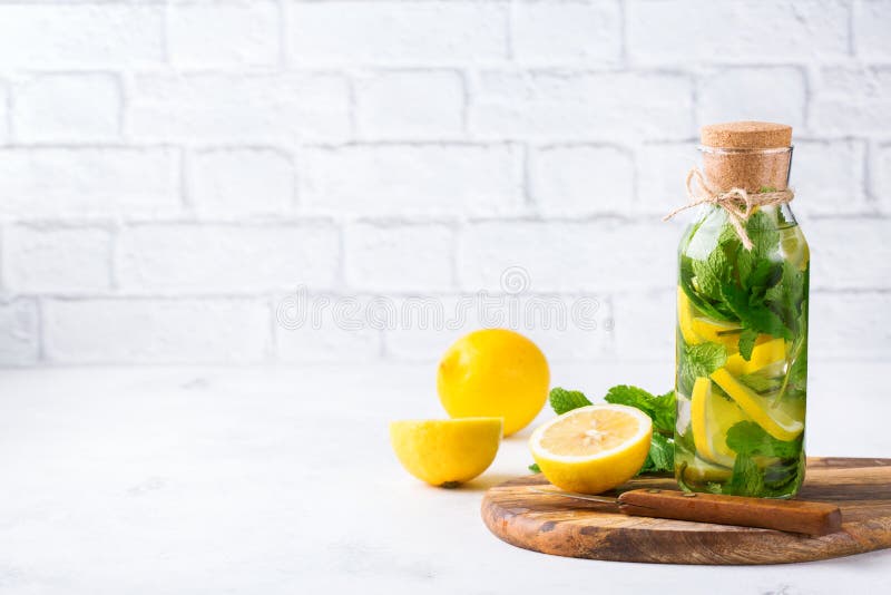 Fresh cool lemon lime mint infused water detox drink