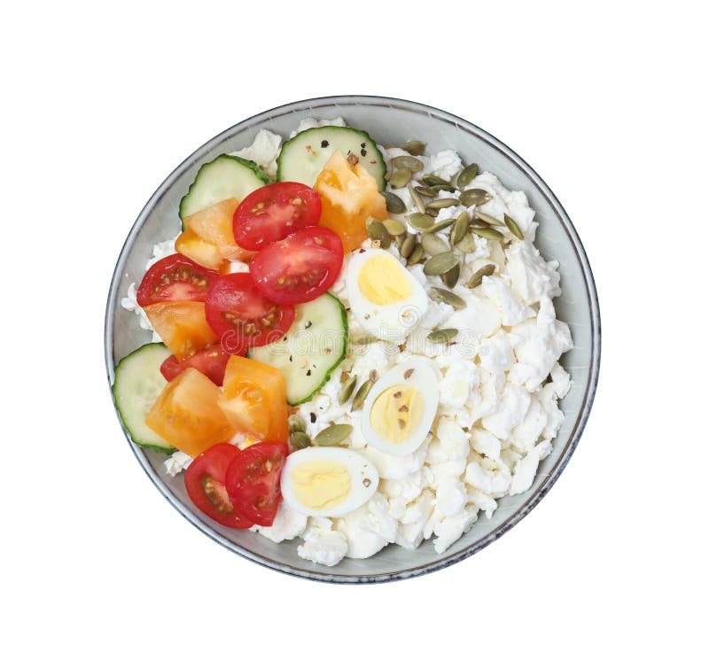 Fresh Cottage Cheese with Vegetables and Eggs in Bowl Isolated on White