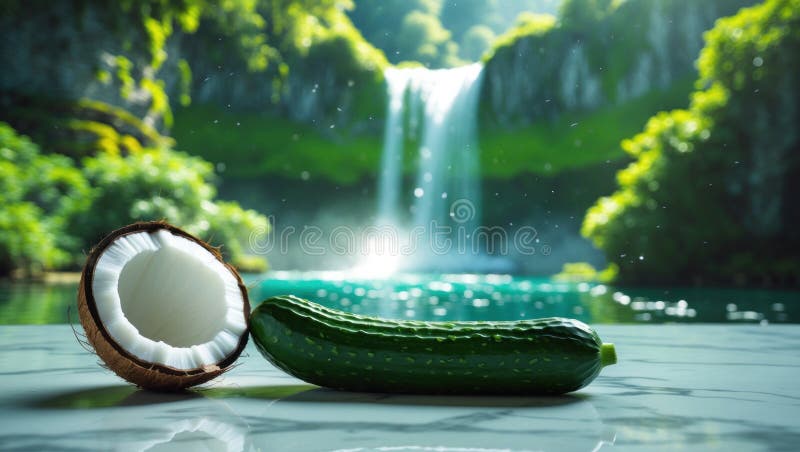 Coconut and Cucumber Harmony: A Refreshing Still Life with Lush Waterfall Backdrop stock illustration