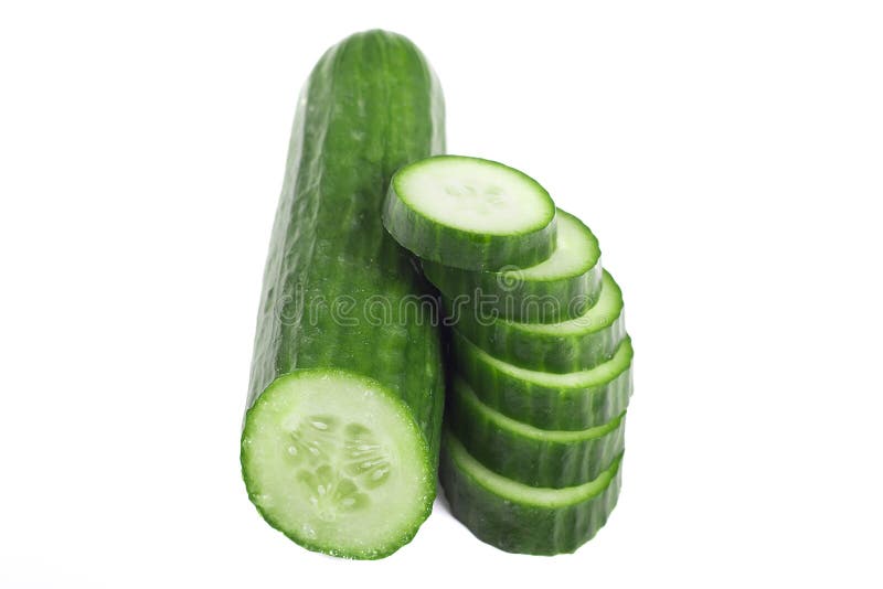 Fresh cucumber slices, isolated on white background. Close up