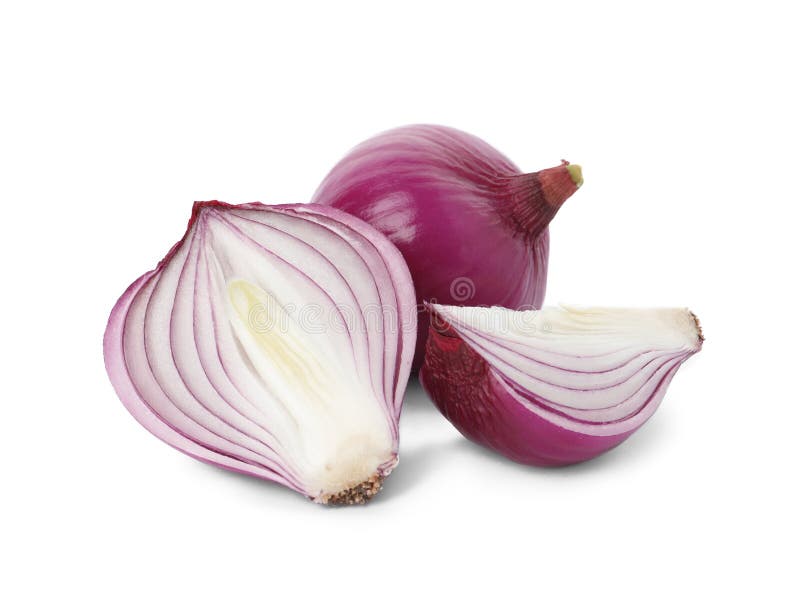 Fresh Cut and Whole Red Onion Bulbs Isolated Stock Photo Image of