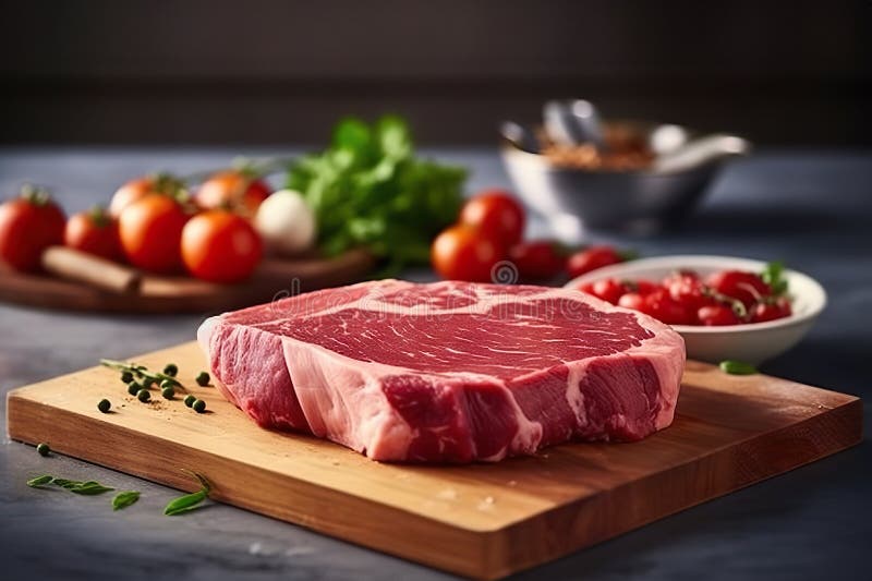 Fresh Cuts Raw Meat on a Rustic Cutting Board, Ready for Culinary