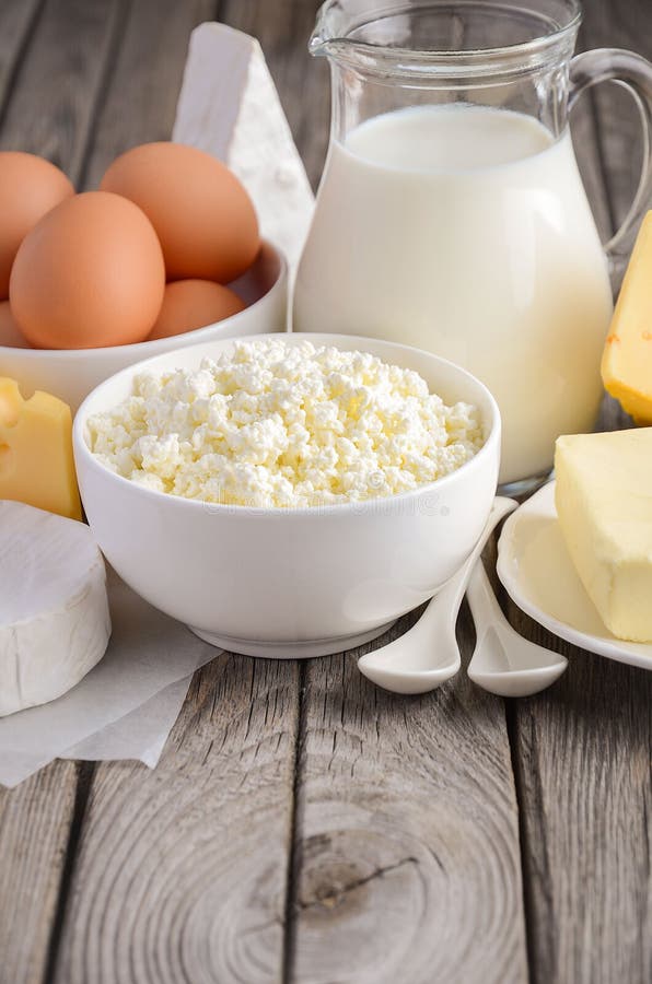 Fresh Dairy Products. Milk, Cheese, Brie, Camembert, Butter, Yogurt