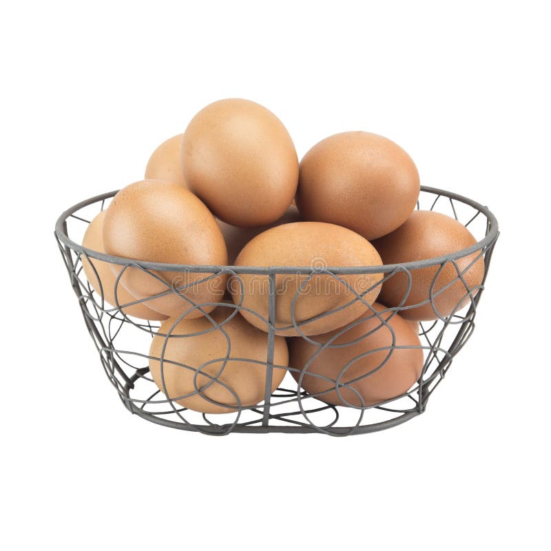 Fresh Eggs in Curved Steel Basket Isolated on White Background. Stock
