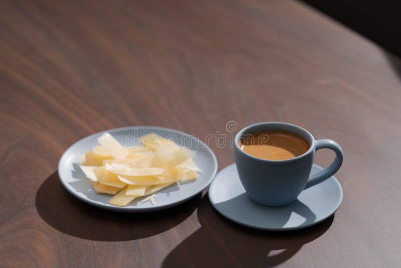 Fresh Espresso in Blue Cup with Cheese Flakes on Walnut Table Stock