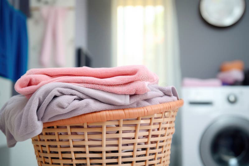 Fresh fabrics washed by a modern washing machine in the laundry room royalty free illustration