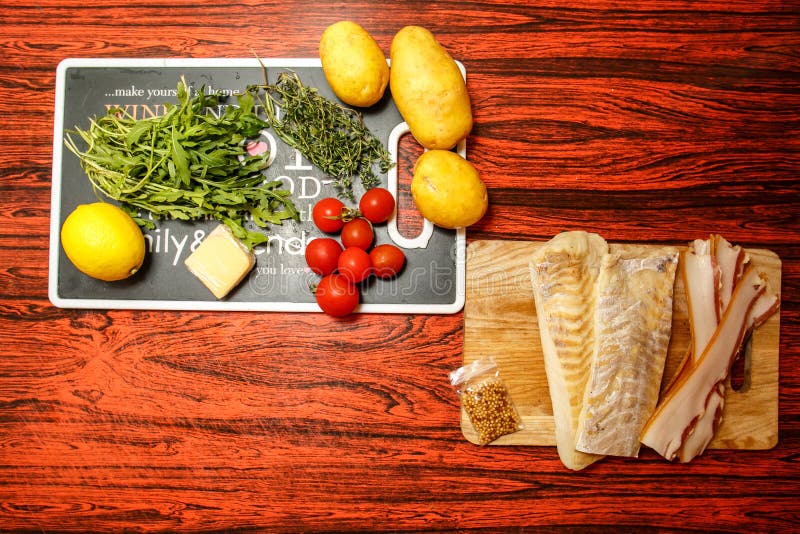 Fresh Farmers Market Fruit and Vegetable with Fish Fillet Stock Image