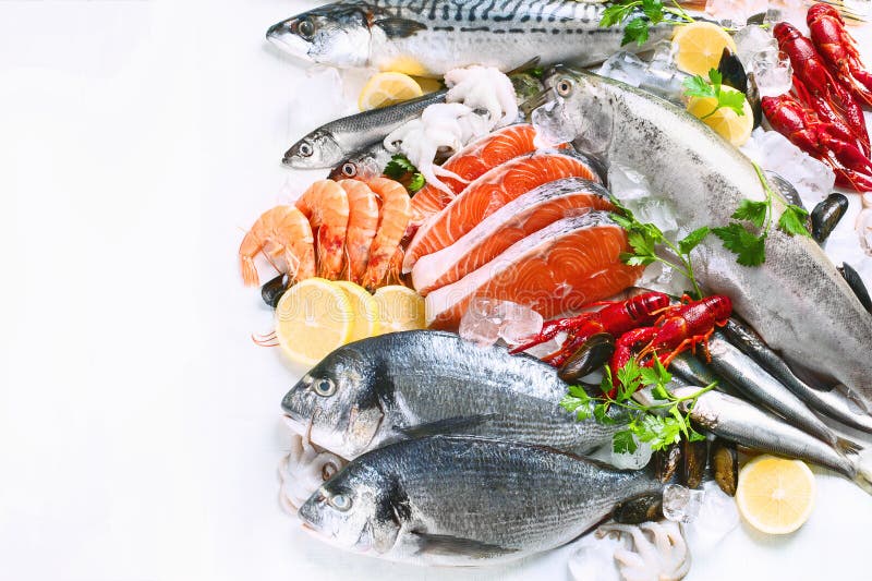 Fresh fish and seafood. Healthy eating concept. Flat lay with copy space stock photos