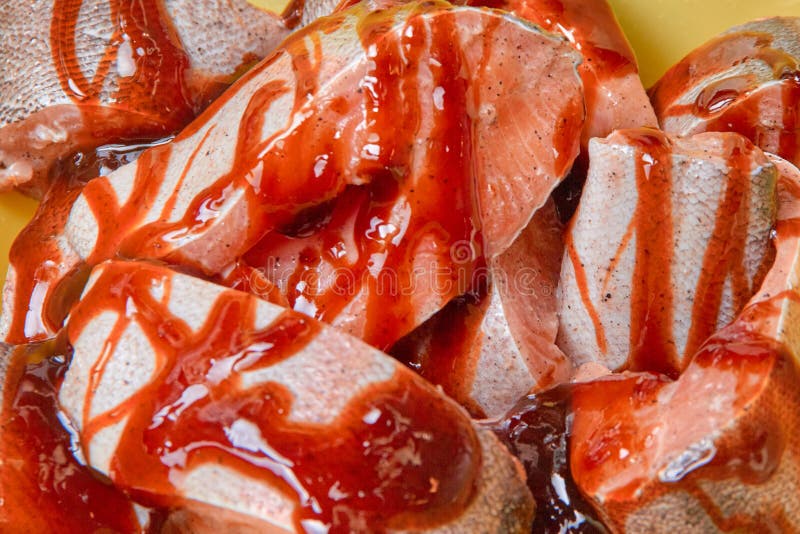 Fresh Fish Slices with Teriyaki Sauce for Marinade Stock Photo Image of diet, fatty 196792846
