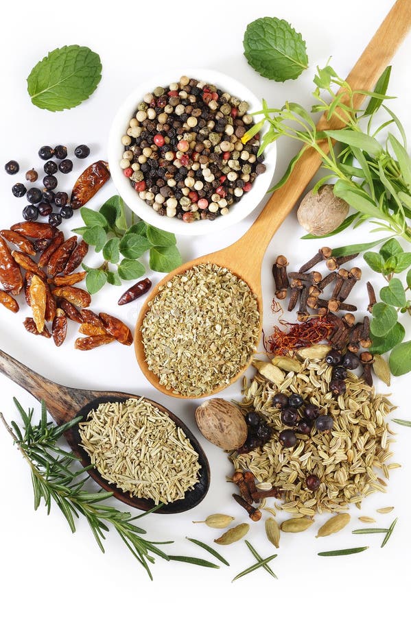 Fresh flavoring herbs and spices royalty free stock images