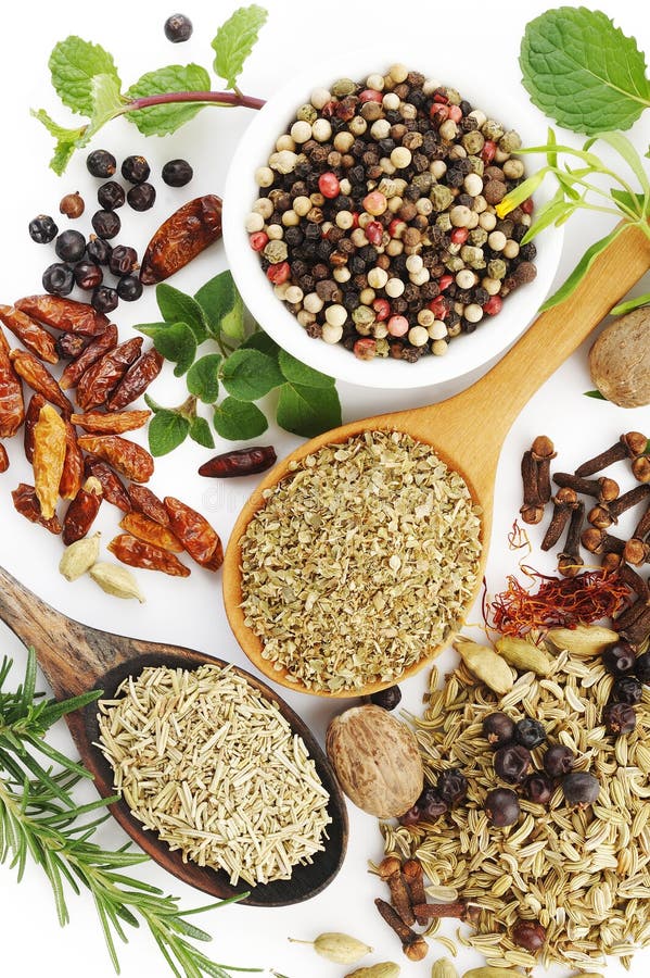 Fresh flavoring herbs and spices on white stock images