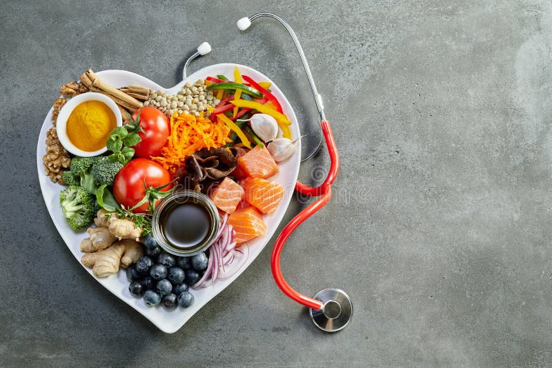 Fresh food for a healthy heart with a stethoscope