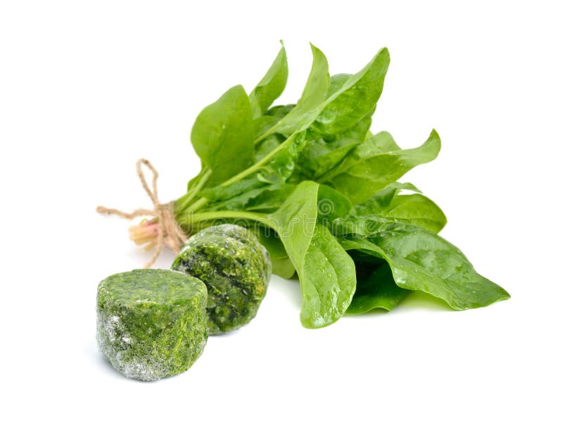Fresh and Frozen Spinach Leaves. Isolated on White Background Stock