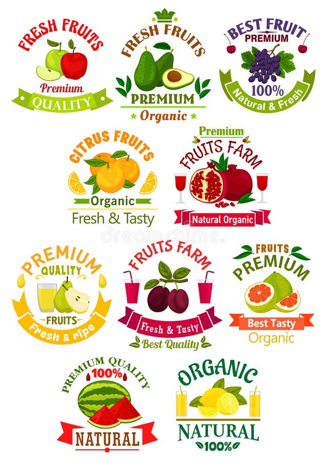 Fresh Fruit Juice Icons, Signs, Badges Set Stock Vector - Illustration ...