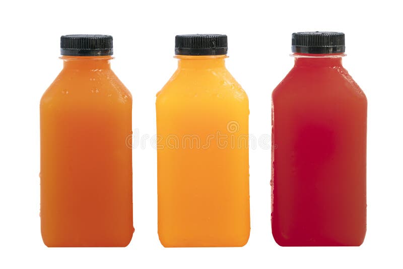 Juice In Small Clear Glass Bottles Stock Photo - Download Image