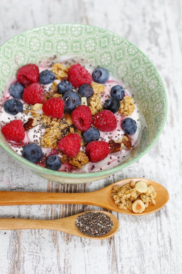 Muesli With Fruit And Yogurt In Bowl Stock Photo Image of granola