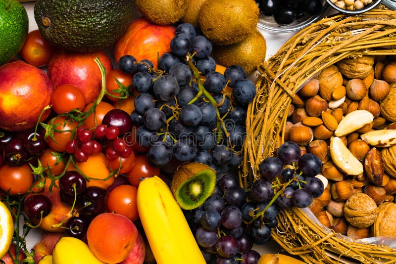 Fresh Fruit And Nuts. Assorted Fruits Colorful Background. Stock Image Image of fruit, sweet