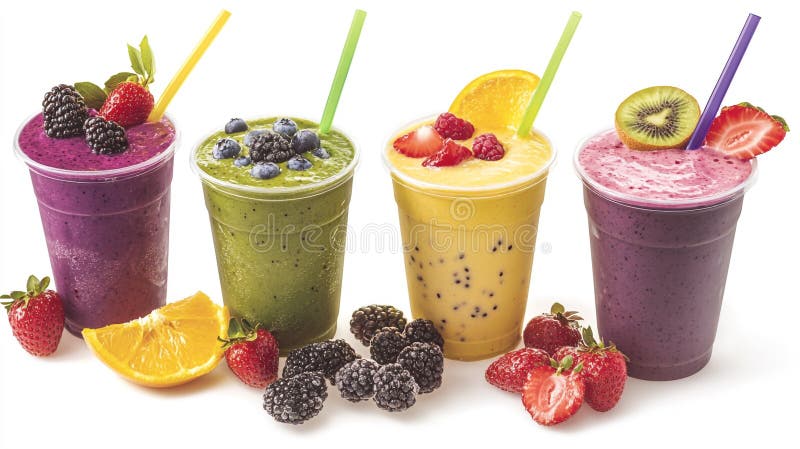 Fresh Fruit Smoothies with Straws Delicious Healthy Drinks royalty free illustration.