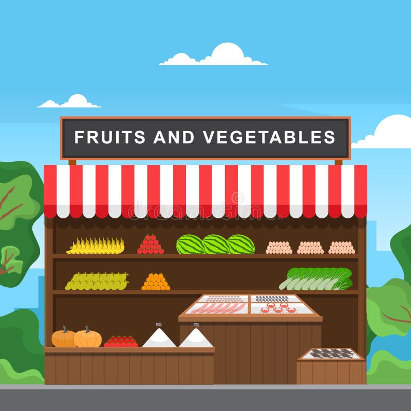 Fresh Fruit Vegetable Store Stall Stand Grocery in Market Illustration Stock Vector