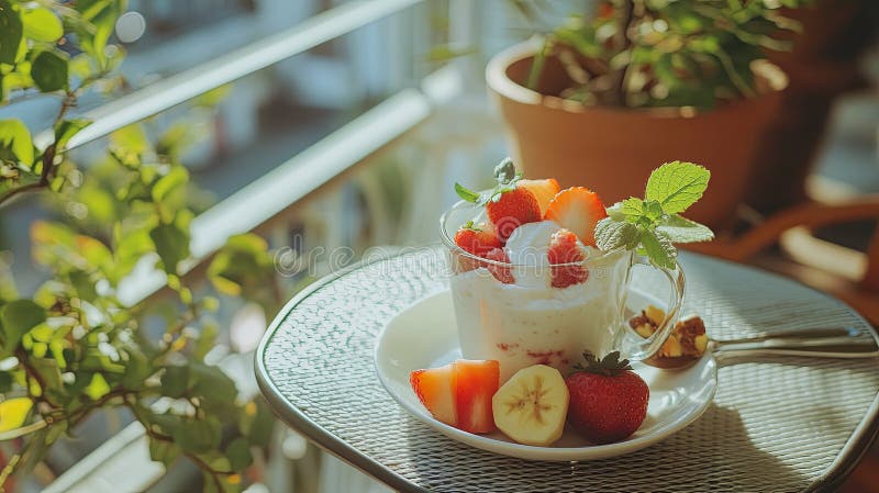 Fresh fruit and yogurt on balcony table. stock image