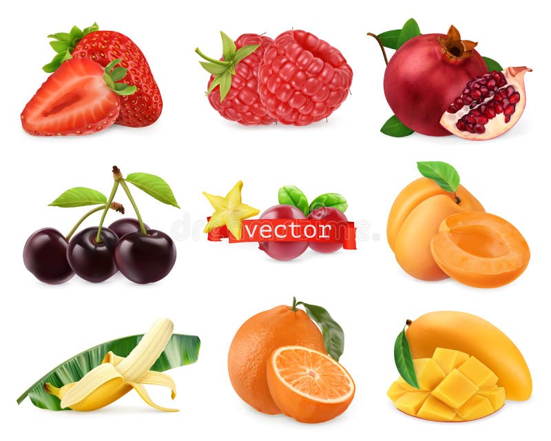 Fresh fruits and berries. Strawberry, raspberry, pomegranate, cherry, apricot, banana, orange, mango. 3d realistic vector set