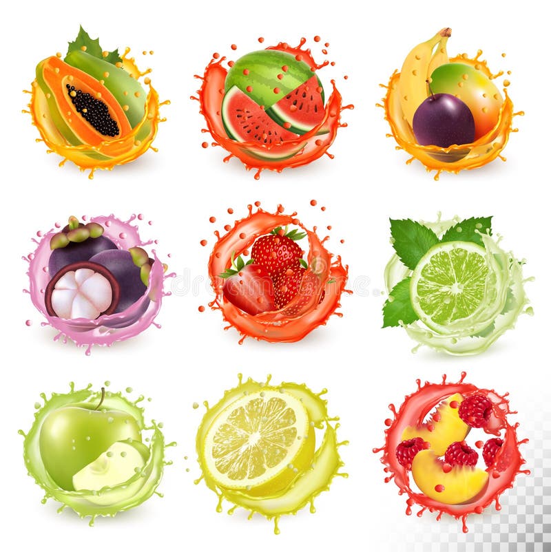 Fresh fruits juice splashing together- mango, passion flower, raspberry stock illustration