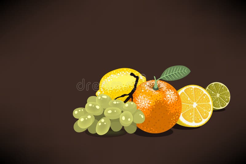 Fresh Fruits For Squeezed Juice With An Orange, Lemon, Lime, Grapes. Vector Graphic.