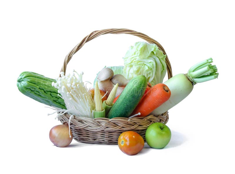 Fresh fruits and vegetables on a basket.
