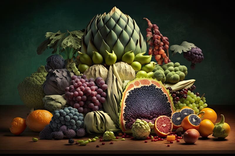Fresh fruits and vegetables of various hues are artistically arranged on a table royalty free illustration