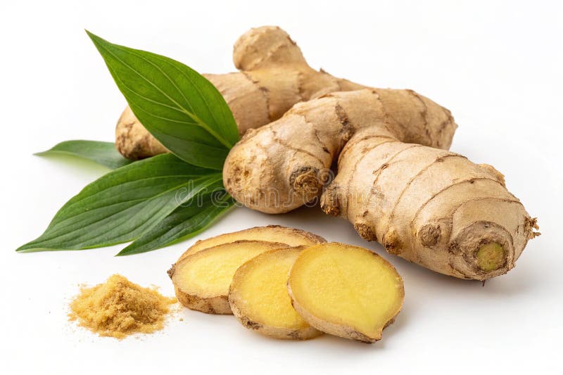Fresh ginger root isoliert auf weißem Hintergrund. Frische Ingwer-Wurzel isoliert auf weißem Hintergrund mit knochiger unregelmäßiger Form und hellbrauner Haut mit blassgelber Interiormdash ideal für Gewürzvisualisierungen kulinarische Designs oder natürliche Heilmittel Promotionen.