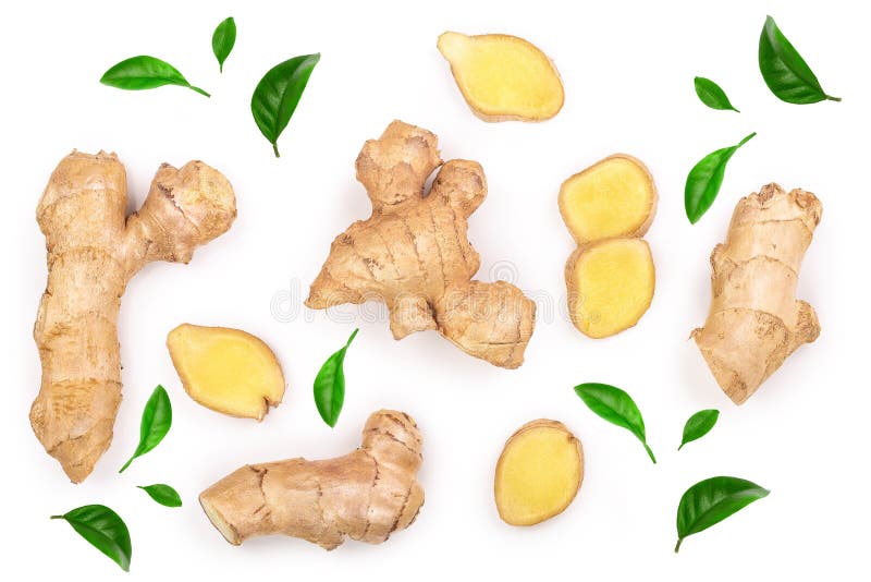 Fresh Ginger root and slice isolated on white background. Top view. Flat lay