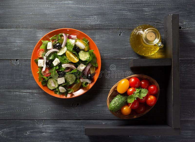 Fresh Greek Salad in Plate and Ingredients Stock Image Image of