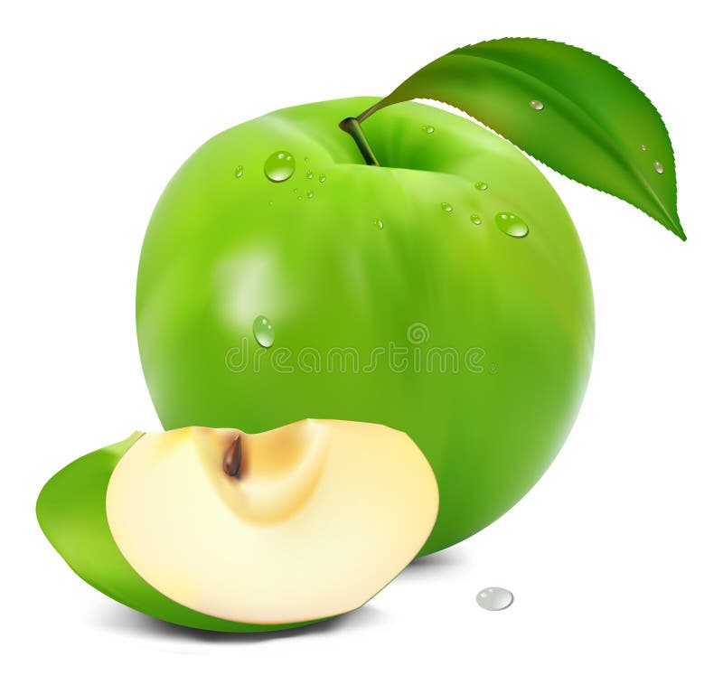 Fresh green apple with green leaf stock illustration