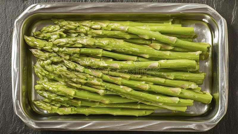 Freshly harvested asparagus spears seasoned with coarse salt, prepared for grilling or roasting, displayed in a metal tray, offering a healthy and delicious culinary experience. Roasting tray stock images, royalty-free photos and pictures
