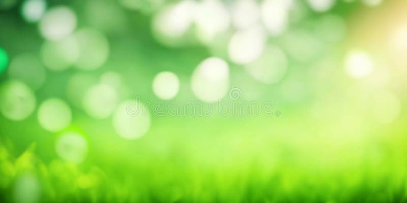 Fresh green background with abstract blurred grass, bright summer sunlight and bokeh lights. Spring or summer healthy