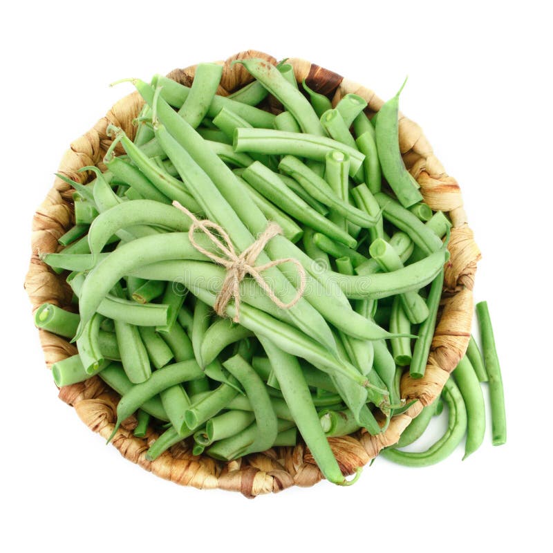 Fresh Green Beans in a Basket on a White Background. Stock Image