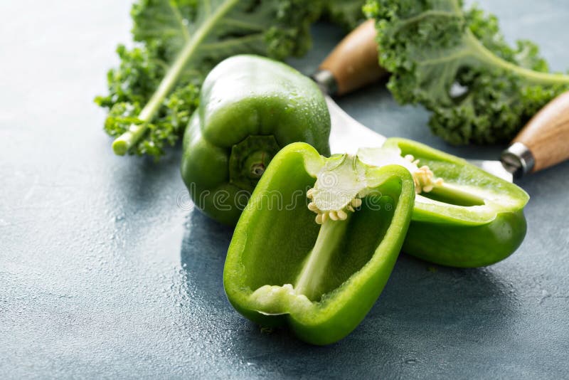 Fresh Green Bell Pepper Cut on the Table Stock Image Image of green