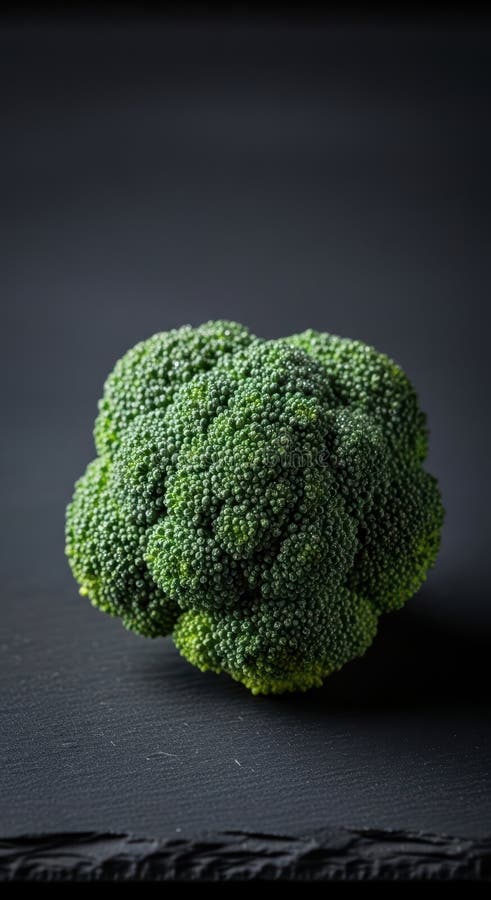 Fresh green broccoli floret with detailed texture on dark slate background stock images