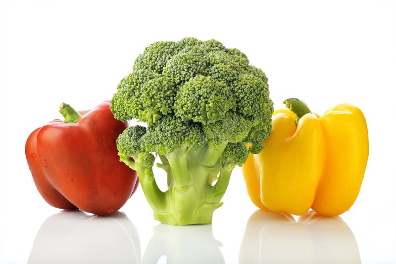 Fresh Green Broccoli with Red and Yellow Bell Pepper on White Background